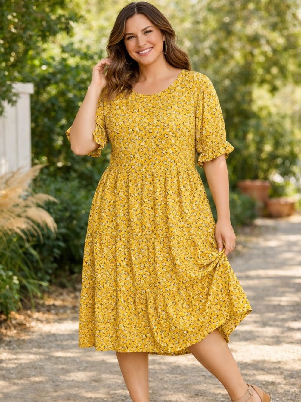 NAGGOO XL Yellow Ditzy Floral Tiered Maxi Dress – Boho Cottagecore Summer Chic